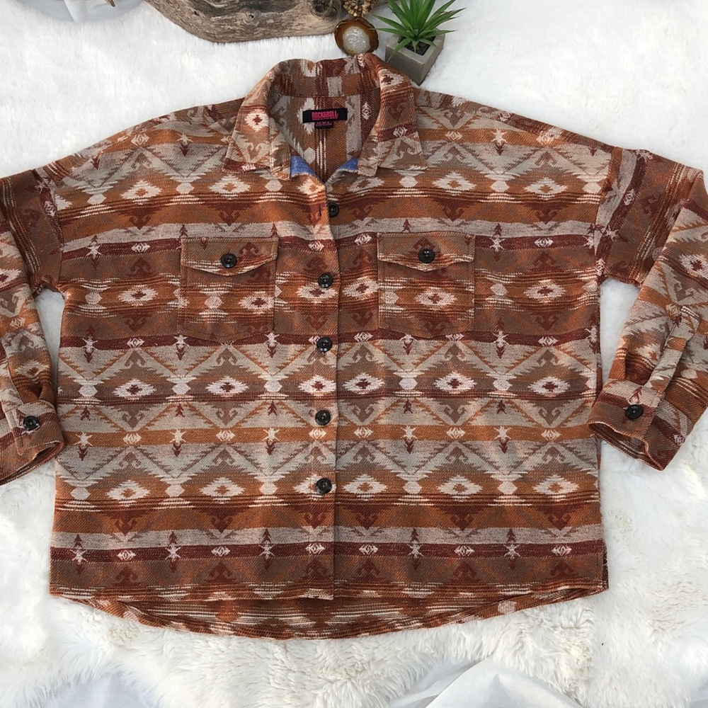 Rock & Roll Denim Aztec Print Shirt Jacket Shacket